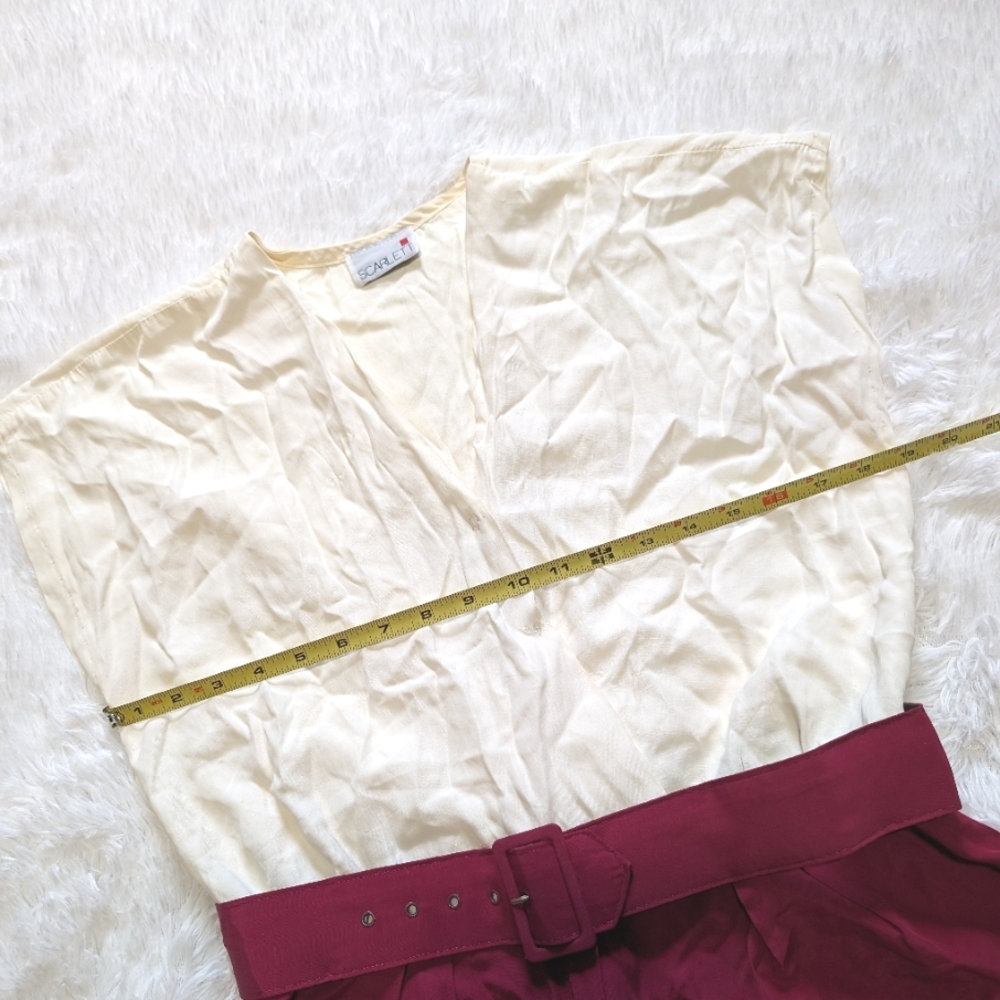 80s Vintage Scarlett Dark Pink & Cream Colorblock Belted Romper 13-14 - Picture 8 of 12